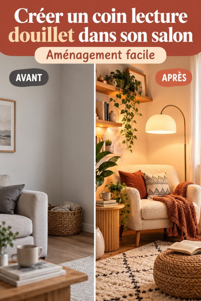 Un salon aménagé avec un coin lecture cosy, comprenant un fauteuil confortable, des étagères remplies de livres et un éclairage doux.